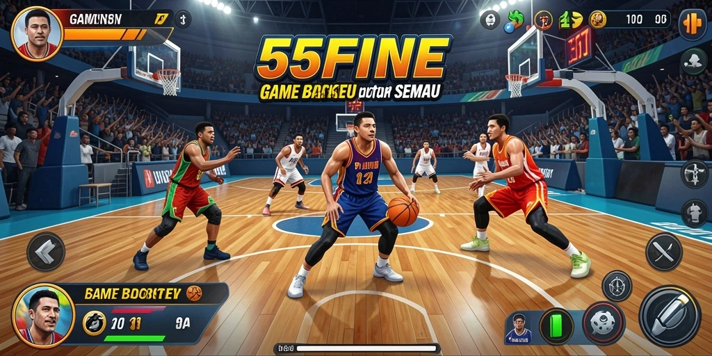 Tampilan antarmuka utama 55FIVE menampilkan permainan basket yang dinamis dan menarik.
