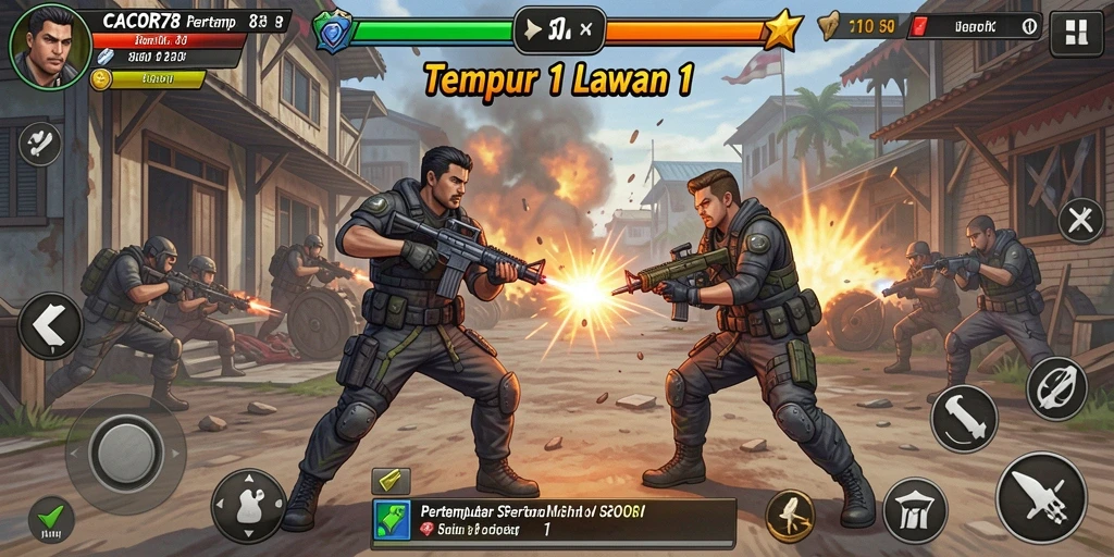 Antarmuka permainan CACOR78 yang menampilkan suasana Tempur 1 Lawan 1.