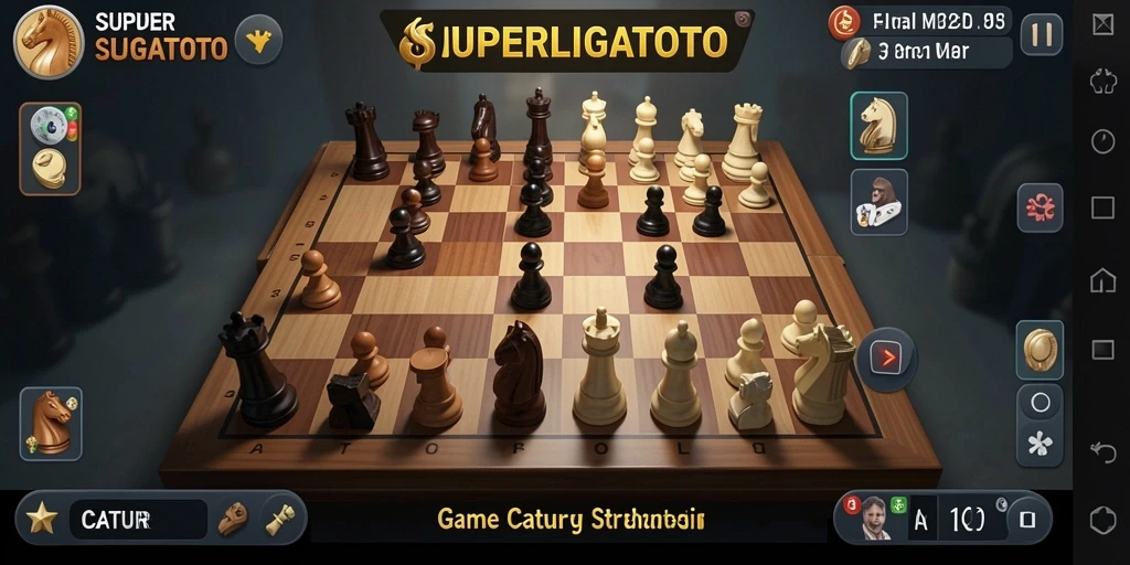 Tampilan utama <strong>SUPERLIGATOTO</strong> menampilkan papan catur yang dinamis dan antarmuka interaktif.